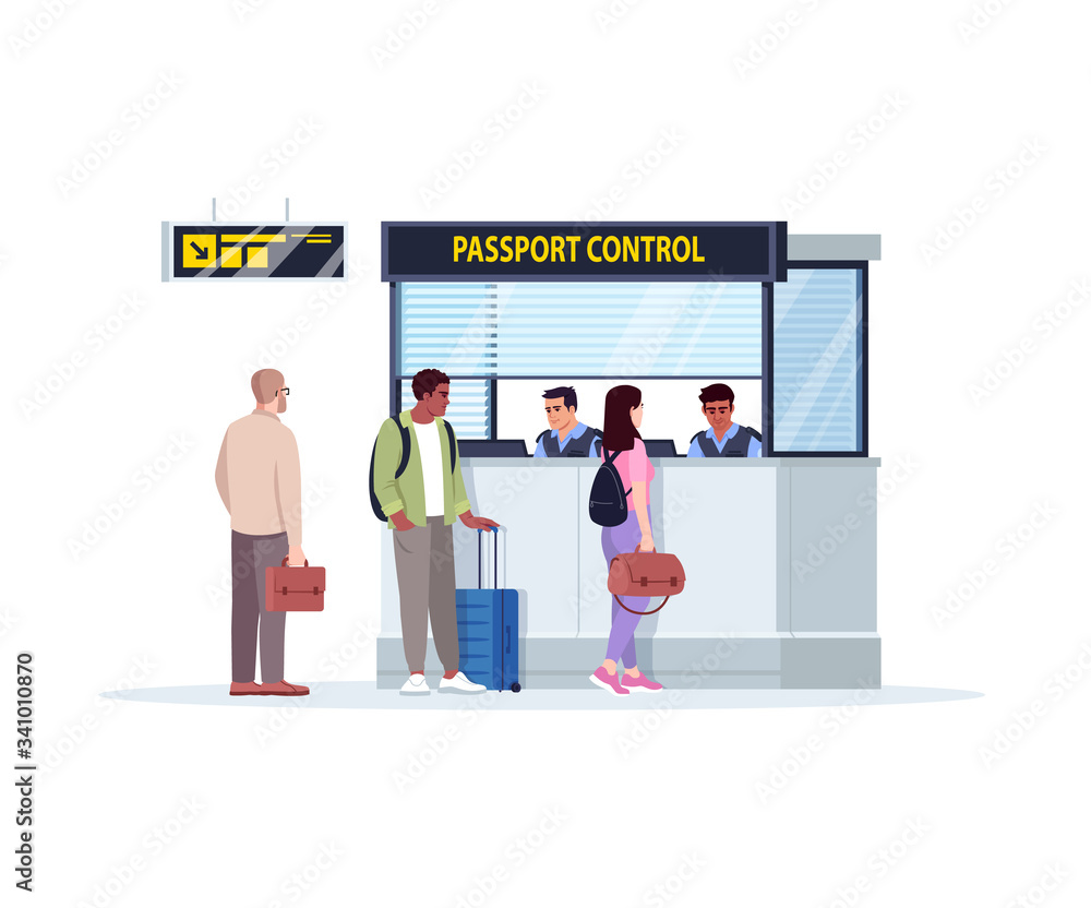 Poster queue to passport control semi flat rgb color vector illustration. registration desk in airport term