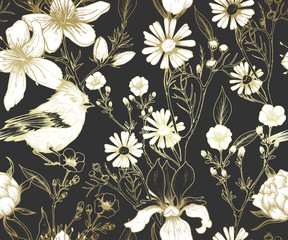 Seamless pattern with hand drawn flowers and birds