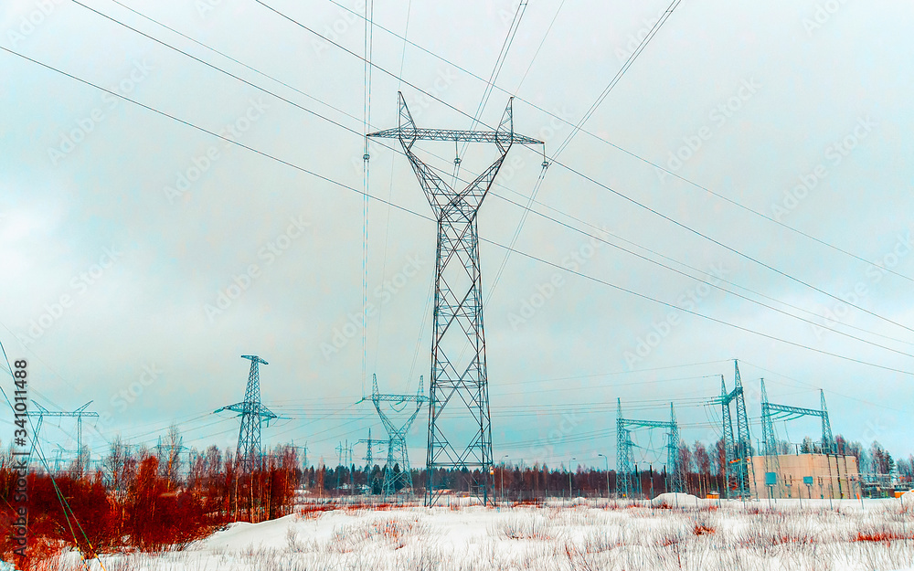 Canvas Prints Electric transmission lines in winter Finland reflex