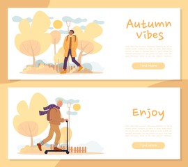 People enjoy cozy autumn vibes header banner set. Afro-american caucasian character man warmly dressed walking, using eco-friendly push kick scooter transport in park. Fall season handwritten slogan
