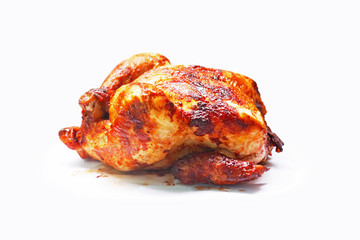 Smoked grilled chicken with a ruddy crust on a white background. Half roasted chicken