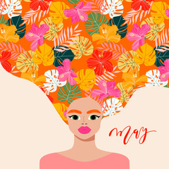 Floral hair girl. May illustration. Tropical leaves and flowers. Beautiful female with red lips card, poster design. Hand-drawn vector illustration of a pretty girl. Women's day, Mother's day concept.