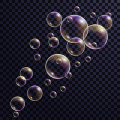 Rainbow soap Bubbles stream. Design elements on transparent background, colorful shampoo foam. Vector illustration