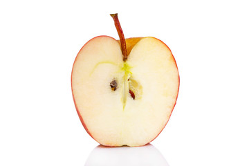 Half a juicy red apple with a stalk. Healthy eating Front view. Isolated on a white background....