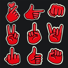 Hand signs, fist, insulted, heart, pointing finger, rock horns, approval, victory, in red colors.  Stickers Illustration.
