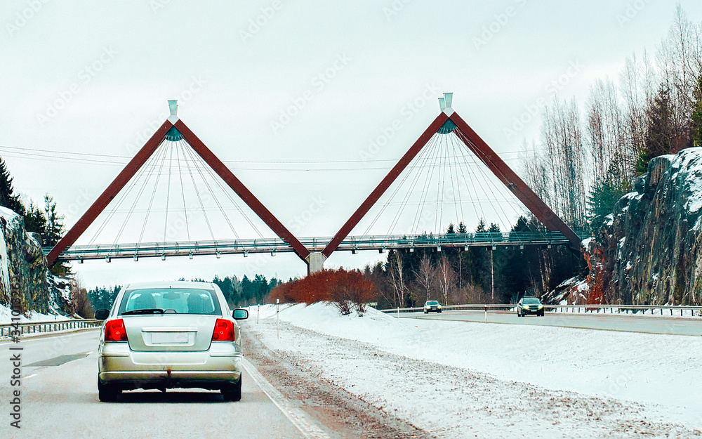 Sticker Car at winter road in Rovaniemi in Lapland Finalnd reflex