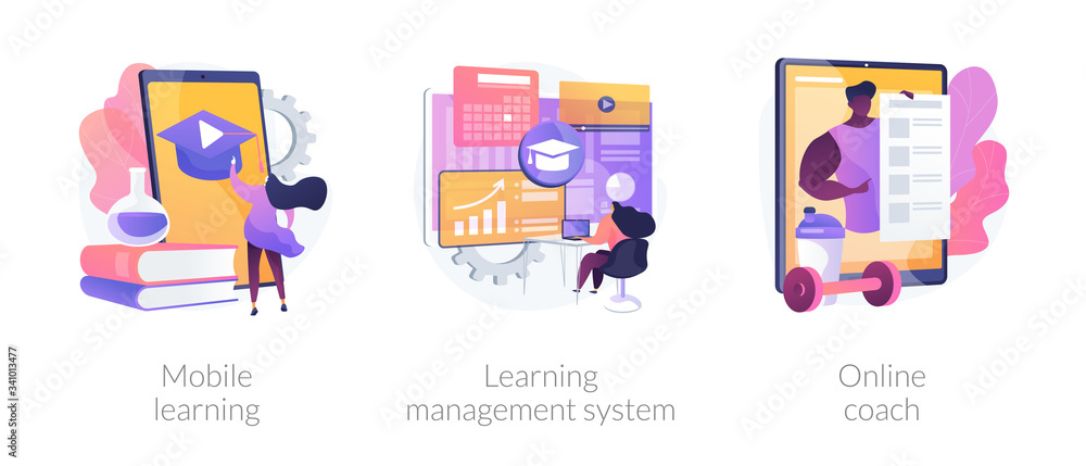 Poster learning management system abstract concept vector illustration set. mobile learning application, on