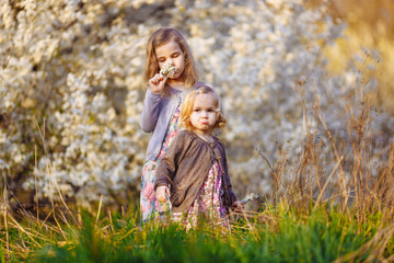 little girls in blooming bushes with twigs 