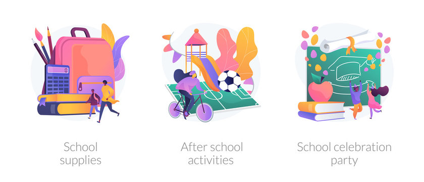 School life abstract concept vector illustration set. Supplies, after school activity, celebration party, classroom equipment, extracurricular activity, graduation party, engagement abstract metaphor.