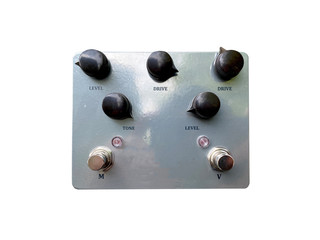Isolated silver metal modern overdrive stomp box effect on white background with work path.