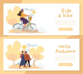 Fall holiday season recreation public event set. Woman friends enjoy seasonal outdoor recreation. Hello autumn header banner bundle offer cycling, walking. Healthy lifestyle, active leisure in park