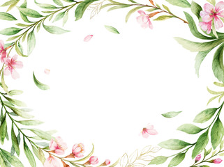 Fototapeta na wymiar Watercolor vector card of pink flowers and green leaves.