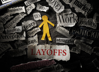 Employee and  Layoffs headline, surrounded by Coronavirus and economic news
