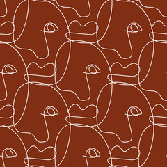 Seamless pattern with sketch of human face drawn with single line. Modern vector illustration.