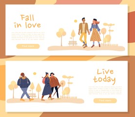 Man woman character enjoy autumn. Boyfriend and girlfriend fall in love walking together outdoor in garden. Female friends gossiping, afro-american student going by foot. Live today. Header banner set