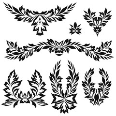 Black and white floral stencils for interior decoration, embroidery . Natural pattern - object isolated. Vector set of various ornaments, deco template.