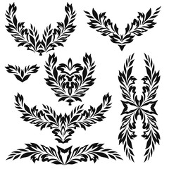 Black and white floral stencils for interior decoration, embroidery . Natural pattern - object isolated. Vector set of various ornaments, deco template.