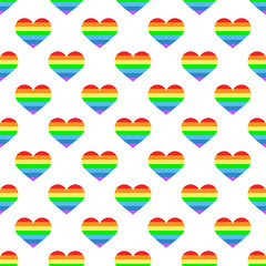 Seamless pattern. Heart with rainbow ribbons. Vector illustration of striped heart on white background for holiday designs, greeting cards, holiday prints, designer packaging, stylish textile, etc.