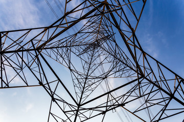 electricity high voltage pole tower sky background.