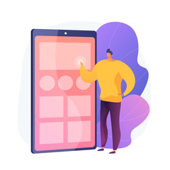 Application testing. UX designer, smartphone interface, portable electronics. Male cartoon character organizing apps on mobile phone screen. Vector isolated concept metaphor illustration