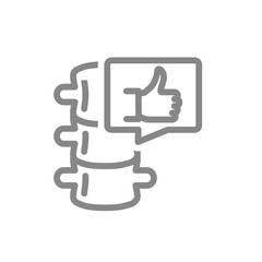 Spine with thumb up in speech bubble line icon. Healthy backbone symbol