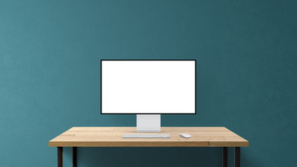 New desktop computer pro display with keyboard and mouse on wooden desk. Modern blank flat monitor screen. Modern creative workspace background. Front view.