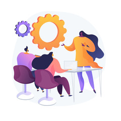 Business seminar. Staff training and development. Consultation, coaching, mentoring. Cartoon characters listening report of successful businesswoman. Vector isolated concept metaphor illustration