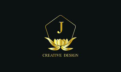 Magnificent royal vector monogram with letter J on black background. Stylish golden floral logo for business, restaurant, boutique, cafe, hotel and more.