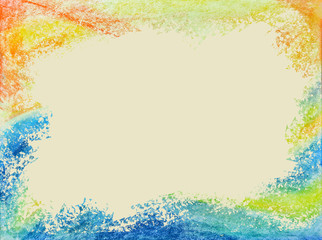 A sheet of landscape paper with an abstract drawing in pastel crayons with a clean background for creativity. The frame is drawn in pastel colors of blue, pink, yellow, orange, red and green.