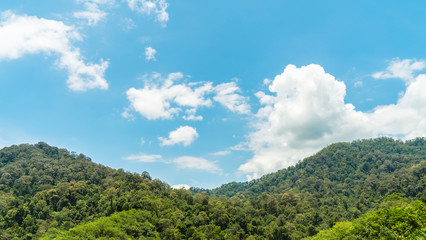 Background, mountains and sky, bright blue clouds, abundant green, comfortable to the eyes