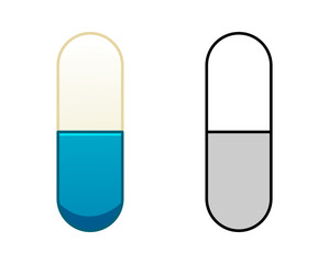 Flat and outline style oval capsule pills isolated illustration on white background