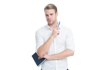 Lost in thought. Serious man isolated on white. Writer or reporter think over book. Penman or...