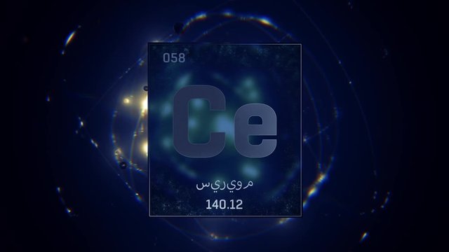 Cerium as Element 58 of the Periodic Table. Seamlessly looping 3D animation on blue illuminated atom design background orbiting electrons name, atomic weight element number in Arabic language