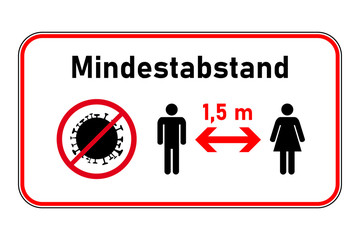 Mindestabstand 1,5 m Schild mit Mann, Frau und Corona-Virus-Symbol