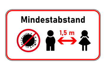 Mindestabstand 1,5 m - Schild mit Junge, Mädchen und Corona-Virus-Symbol