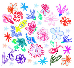 Fototapeta na wymiar Raster cet multicolored floral pattern, kids doodle style, pencil drawing, blue-red flowers on a white background. Colour pencils.