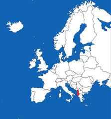 Obraz premium Albania highlighted on europe map. Blue sea background. Perfect for Business concepts, backgrounds, backdrop, sticker, chart, presentation and wallpaper.