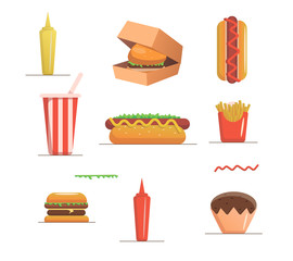 Set of colorful cartoon fast food icons.