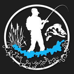 Fisherman fishes silhouette water and reeds