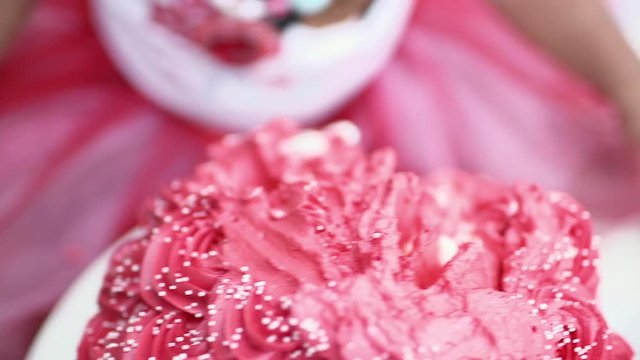 First Birthday Cake Smash Pink Little Girl Hand Dress Messy Fingers Eating