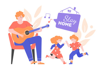 A man plays the guitar, the children dance together. Dad, daughter and son listen to music, have fun together. Family party at home. Vector flat illustration.