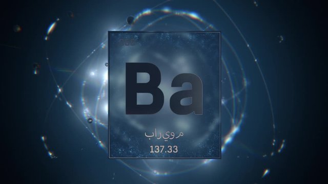 Barium as Element 56 of the Periodic Table. Seamlessly looping 3D animation on blue illuminated atom design background orbiting electrons name, atomic weight element number in Arabic language
