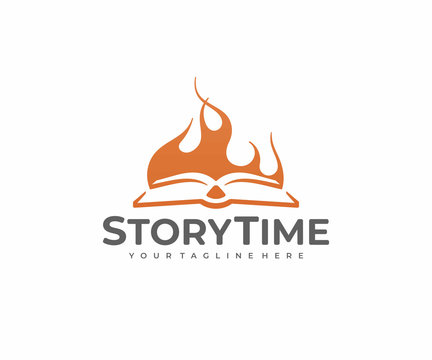 Book story logo design. Storytelling vector design. Open book and bonfire logotype