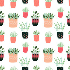 Hand drawn plants in pot. - seamless pattern. - vector