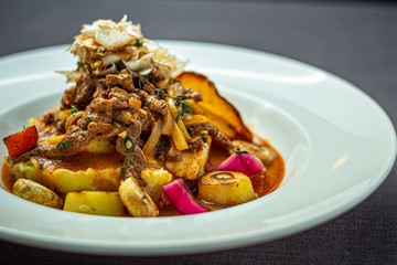 Beef meat strogonov with mashed potatoes,mushrooms