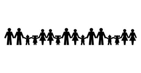 Pictograms of people holding hands, standing in a row. Abstract symbols of connected men, women and children expressing friendship, love and harmony. We are one world. Illustration over white. Vector.