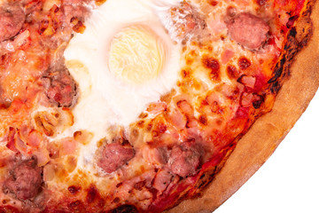 Traditional tasty pizza with beef sausages, eggs and bacon or Brunch pizza, close up view