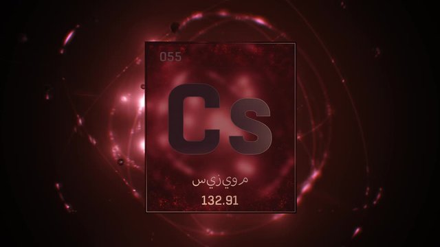 Cesium as Element 55 of the Periodic Table. Seamlessly looping 3D animation on red illuminated atom design background orbiting electrons name, atomic weight element number in Arabic language