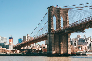 New York City, NY, USA - 04/20/2019: Brooklyn bridge view from boat