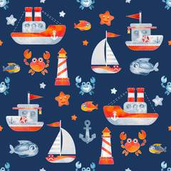 Obraz na płótnie Canvas sea pattern seamless. watercolor drawn cartoon illustration ship, boat, sailboat, fish, octopus, crab, lighthouse, sea, ocean isolated on white blue background. design for print cloth, fabric, textile